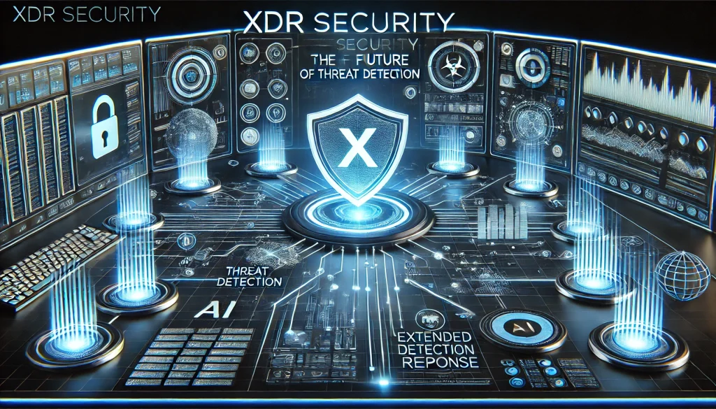 XDR security dashboard with glowing shield, network grids, and data protection alerts