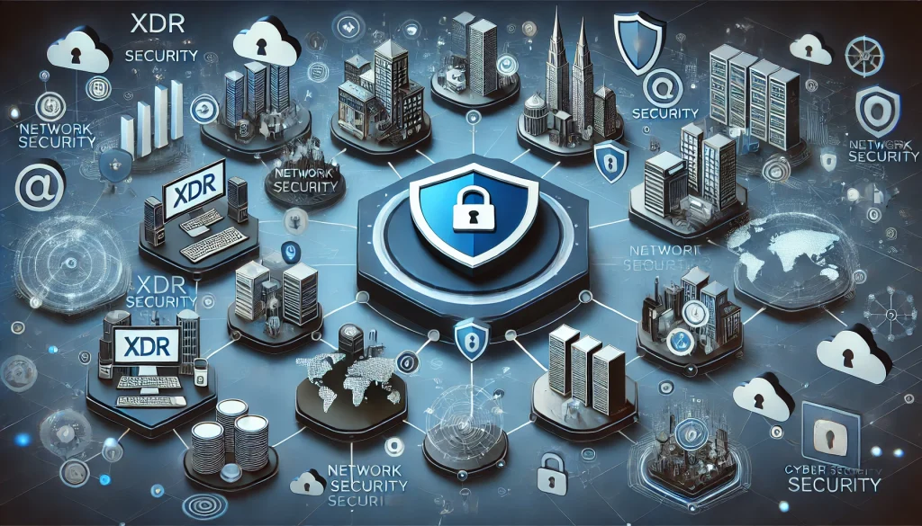 Animated image of companies using XDR Security with shields and network protection symbols