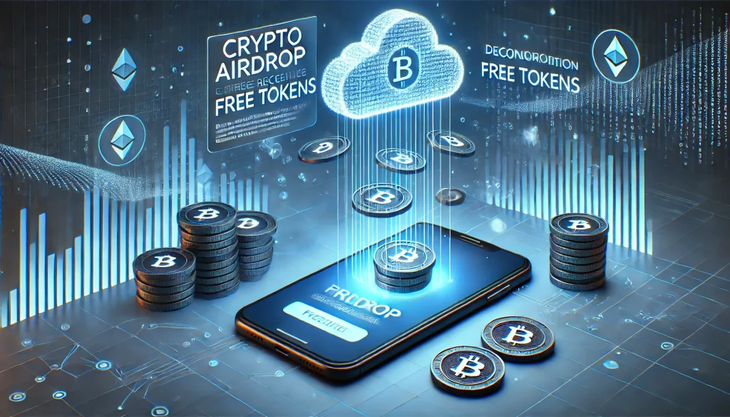 Crypto airdrop with tokens distributed from a cloud, highlighting decentralization and free tokens.