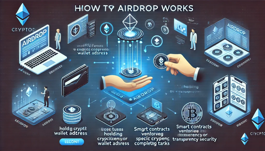 Illustration of crypto airdrop, showing token distribution, wallet addresses, and blockchain verification