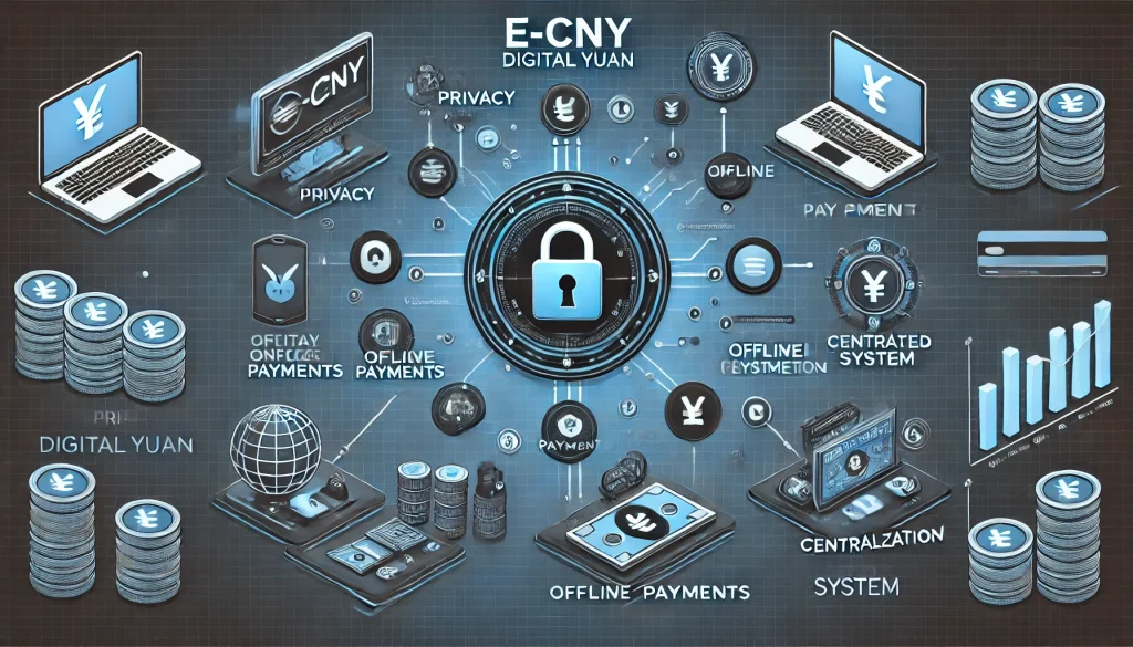 Key features of the e-CNY infographic showing privacy, offline payments, and centralization