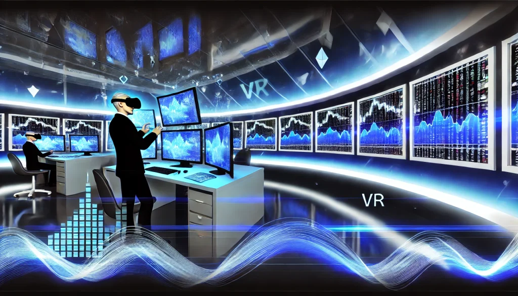 A futuristic trading room filled with glowing monitors, traders wearing VR gear analyzing real-time stock data, and streams of digital data swirling around the room