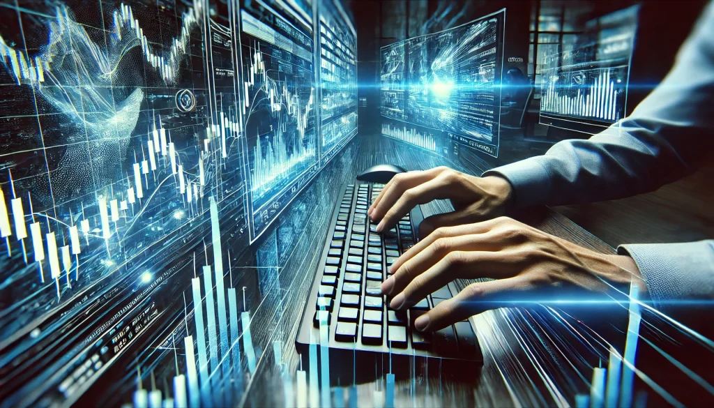 A close-up of a trader’s hands on a keyboard, high-frequency stock data moving at lightning speed across holographic screens, with neon reflections on glass walls