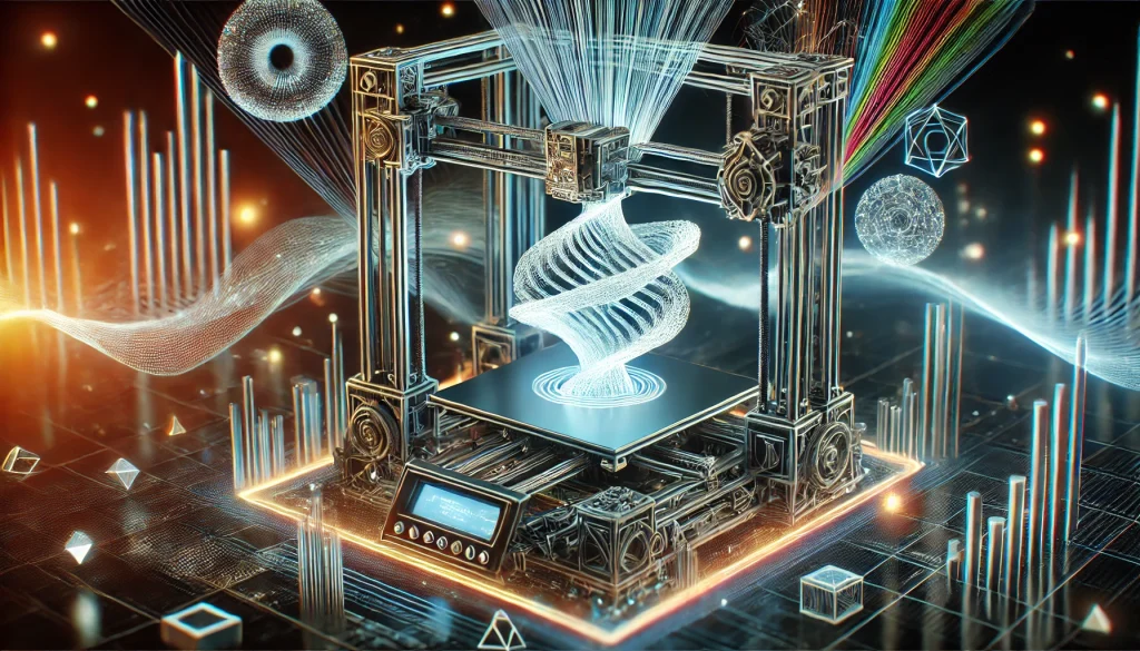 An abstract representation of a 3D printer building a complex object, with swirling lines of material, holographic projections, and bright colorful lights