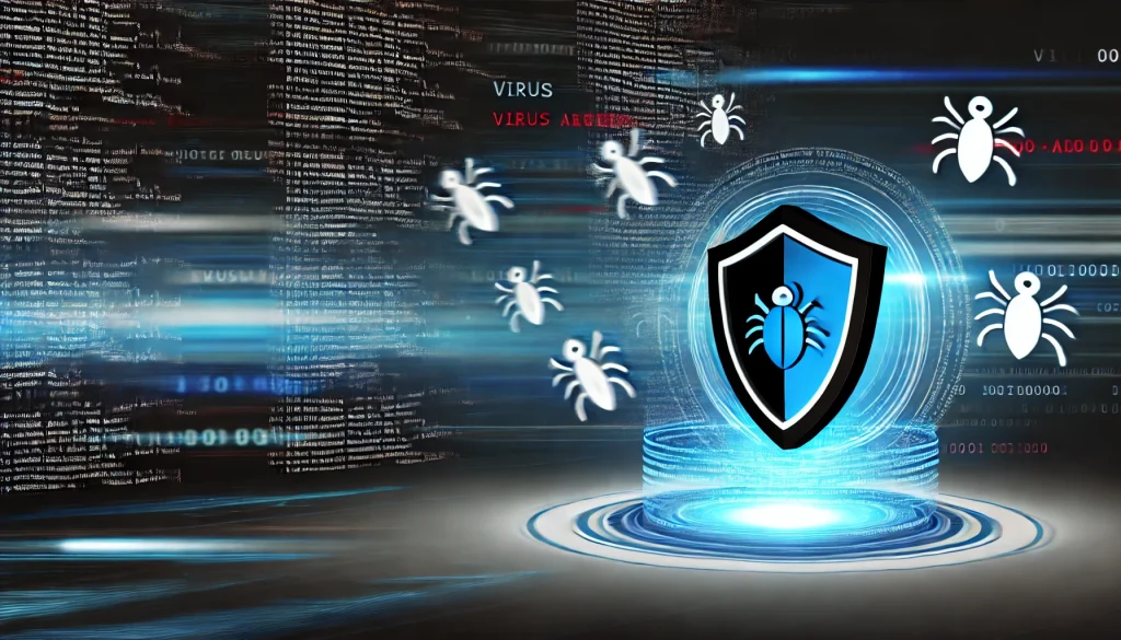 A glowing digital shield blocking malware attacks, with virus icons bouncing off, while code streams in the background showcase the defense system at work