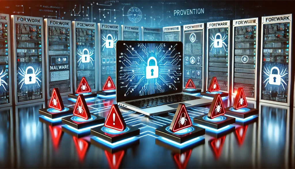 A conceptual image of a computer surrounded by firewalls, with red warning icons hovering over malware-infected files, and blue security symbols preventing access