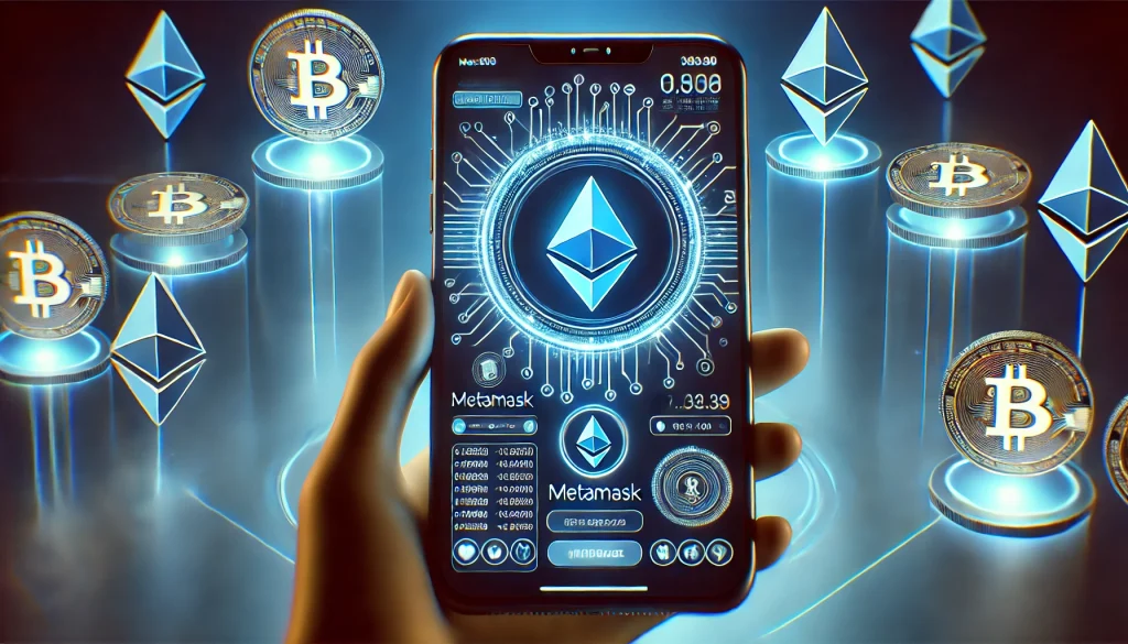 A futuristic crypto wallet interface glowing on a smartphone screen, MetaMask logo front and center, secure blockchain connections, digital currency icons