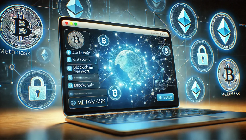 A close-up of a browser window with the MetaMask extension open, blockchain networks in the background, vibrant colors representing digital finance