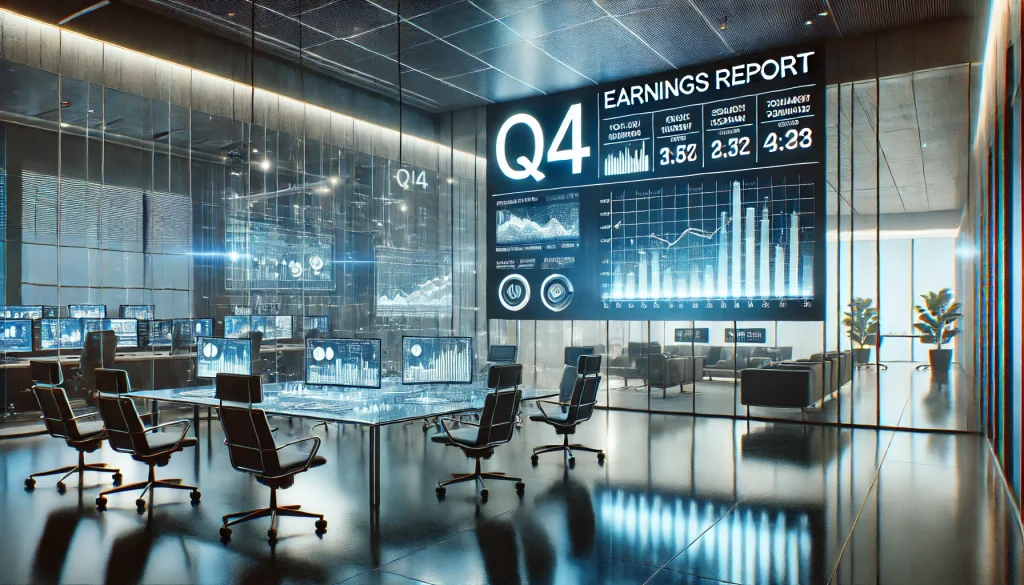 A 3D rendering of a corporate office with Q4 earnings reports on a large screen, financial charts, calendar dates highlighted, sleek modern design