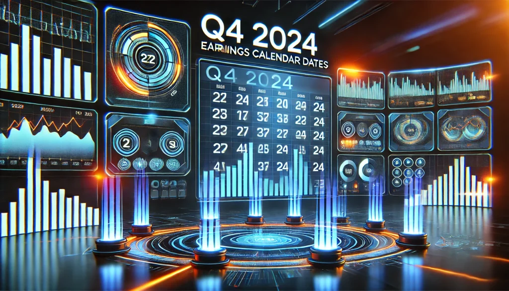 A vibrant digital display of Q4 2024 earnings calendar dates with stock market tickers scrolling, financial reports, and glowing data charts in the background