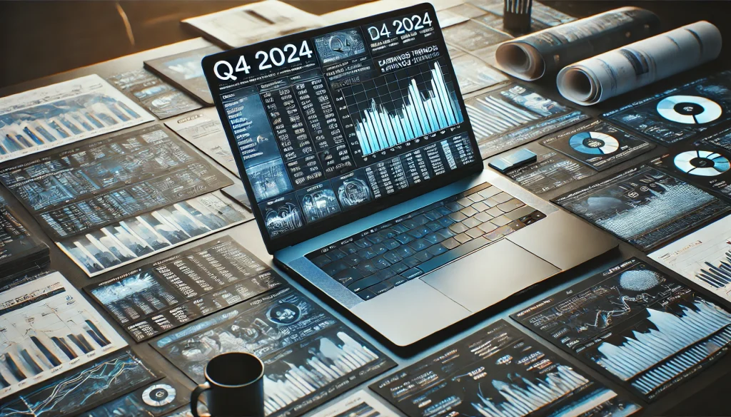 A close-up of a financial analyst's workspace, Q4 2024 earnings calendar open on a laptop screen, graphs, stock trends, and deadlines surrounding the scene