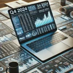 A close-up of a financial analyst's workspace, Q4 2024 earnings calendar open on a laptop screen, graphs, stock trends, and deadlines surrounding the scene