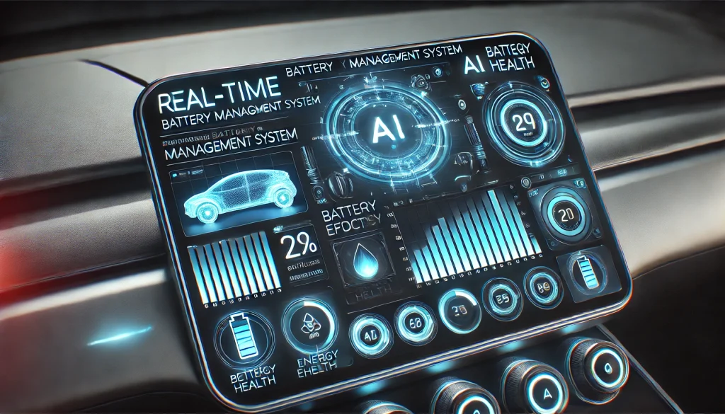 A futuristic electric vehicle dashboard displaying real-time AI-powered battery management system analytics, with graphs, icons, and energy efficiency metrics.