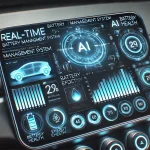 A futuristic electric vehicle dashboard displaying real-time AI-powered battery management system analytics, with graphs, icons, and energy efficiency metrics.