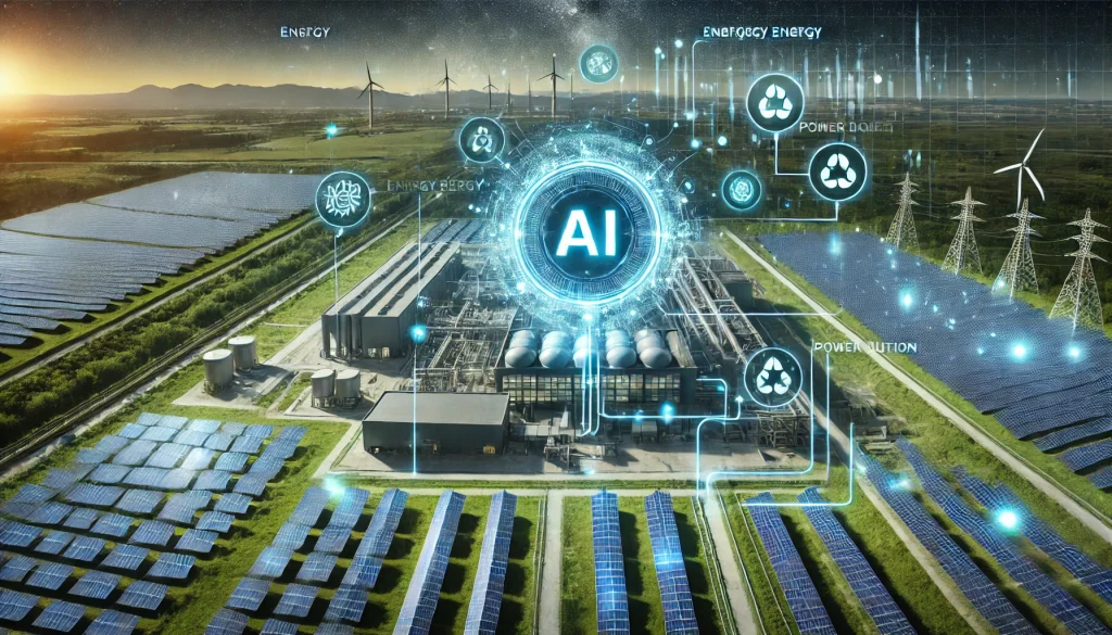 A large renewable energy plant utilizing AI to manage solar panel batteries, with visuals of energy flow, grid interaction, and sustainable power optimization across landscapes.