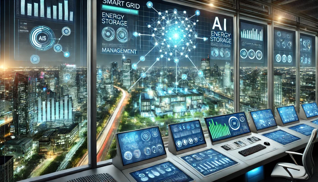 A smart grid control center utilizing AI for battery management, showing interconnected energy storage systems optimizing power distribution in a modern cityscape.