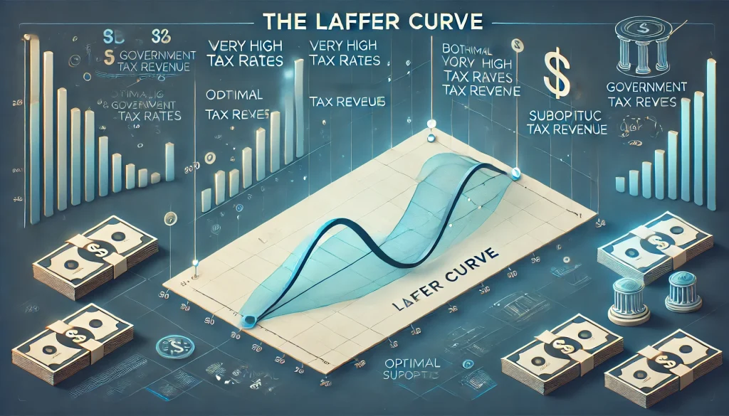 Animated Laffer Curve illustration showing the relationship between tax rates and government revenue, with labels for optimal and suboptimal points