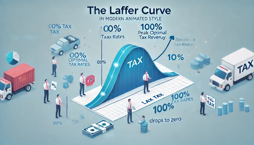 Laffer Curve illustration showing tax rates, revenue peaks, and how higher taxes reduce economic activity