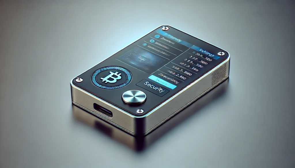 The product hardware wallet showing its touchscreen interface and compact design