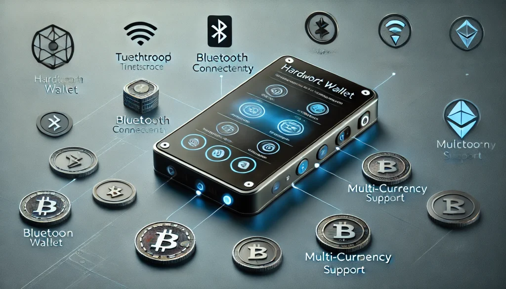 Visual highlights of the product features like touchscreen, Bluetooth, and multi-currency support