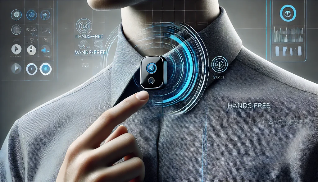 The gadget being worn on a person’s shirt collar, demonstrating its compact size and hands-free functionality