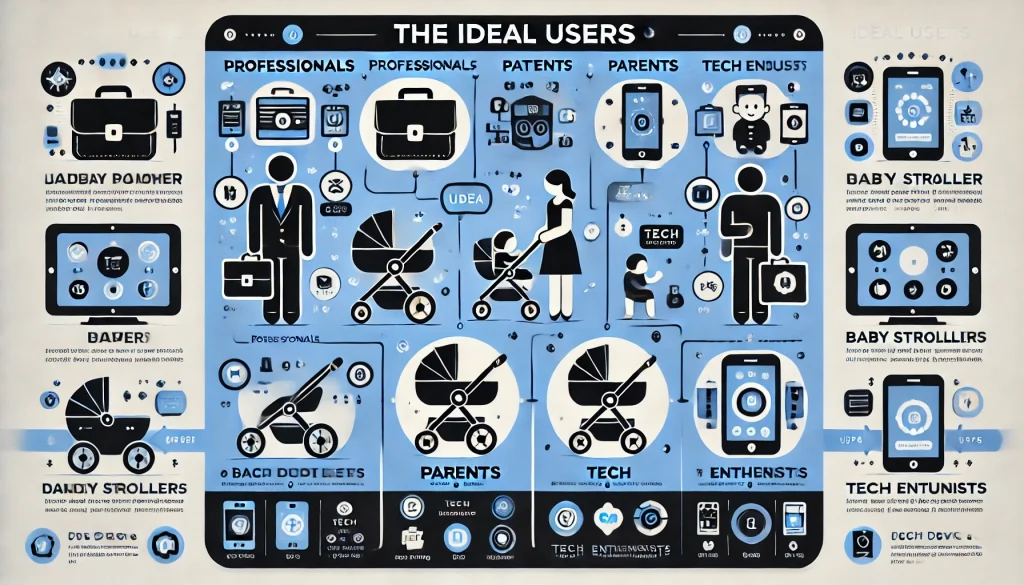 An infographic depicting the ideal users of the gadget: professionals, parents, and tech enthusiasts, with relevant icons