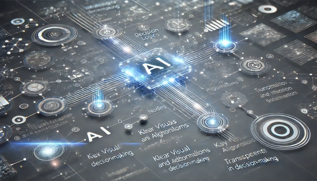  A digital interface explaining AI decision-making with clear visual pathways, translucent algorithms overlayed with data points, minimal futuristic design