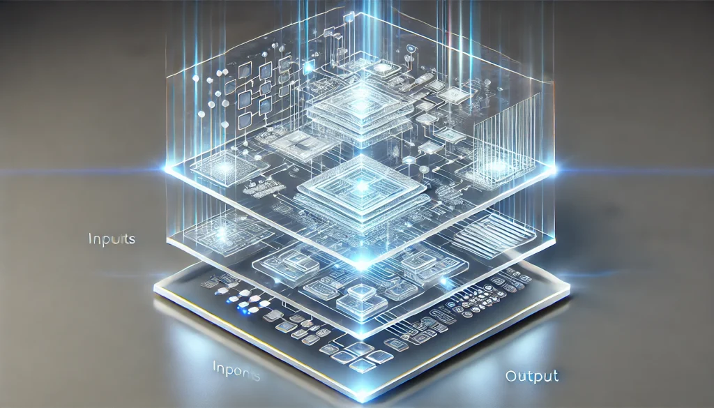 AI algorithm demystified, visualized as a hologram with clear, transparent layers showing inputs and outputs, light effects enhancing clarity