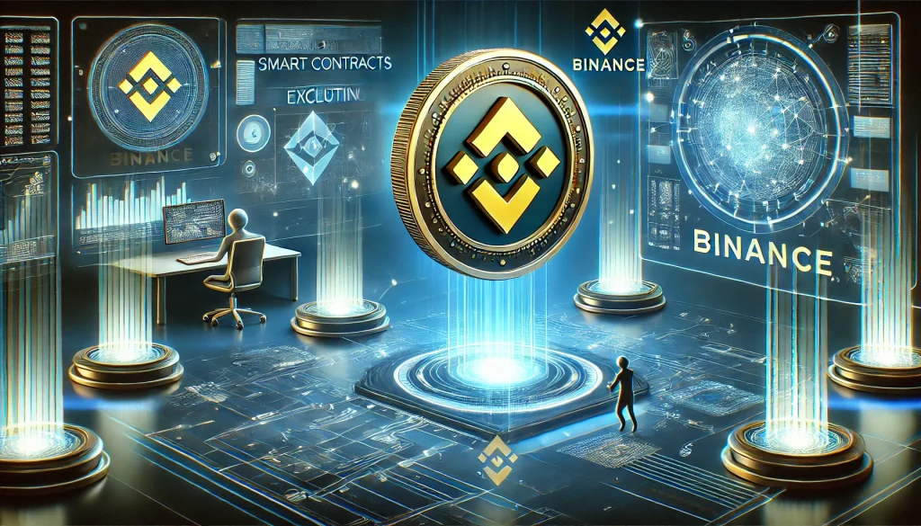 Binance coin floating above a vibrant digital marketplace, smart contracts executing in the background, blockchain nodes glowing, cyber space theme