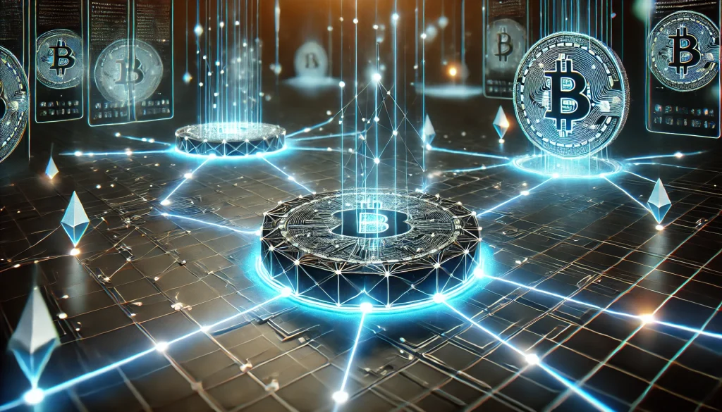 Futuristic blockchain nodes, digital transactions flowing, glowing cyber grid background