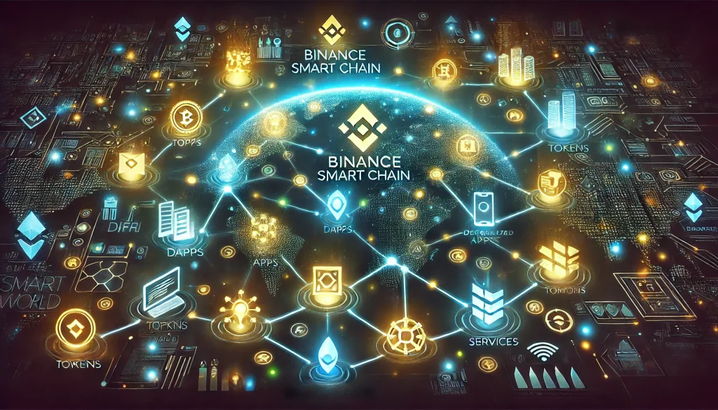 Binance Smart Chain ecosystem visual, decentralized apps and services connected, tokens and chains glowing, dark cybernetic world background