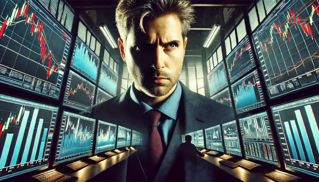 A businessman looking at volatile stock market charts on multiple monitors, intense expressions, stock exchange in the background, cinematic lighting, hd quality