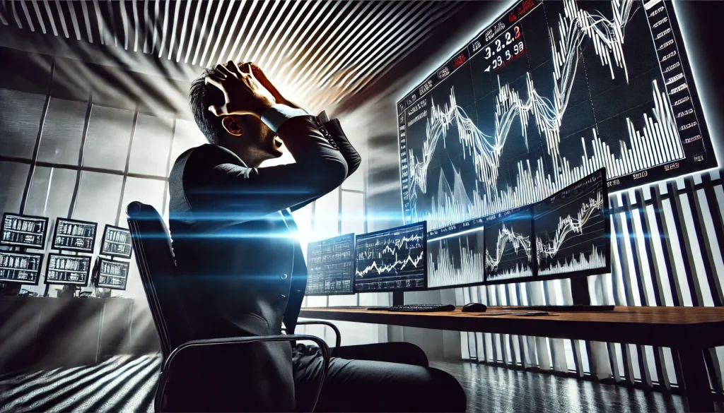 A stressed trader in a modern office, hands on head, stock market graphs showing sudden volatility on the screen, deep shadows and bright light reflections