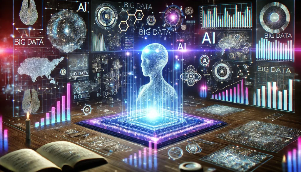 An advanced artificial intelligence analyzing big data on a holographic screen, the scene lit with neon blues and purples, intricate data charts projected in the air