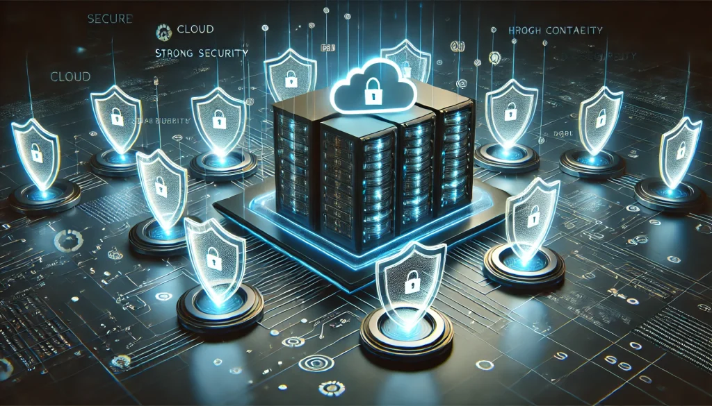 A secure cloud server surrounded by glowing firewall barriers, digital shield symbols floating around, dark background with subtle data streams, high contrast lighting