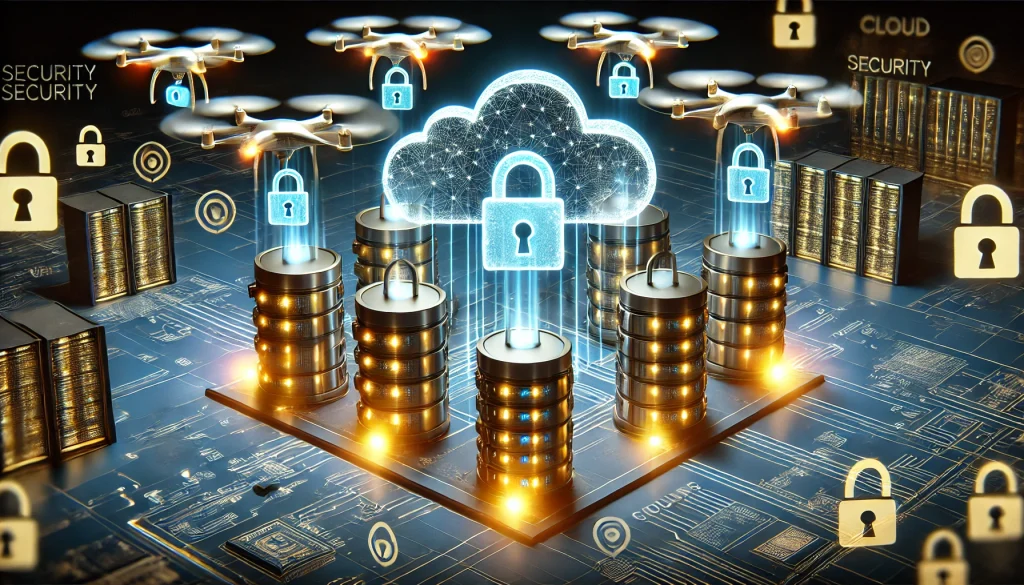  A cloud infrastructure fortified with multiple security locks, surveillance drones in the sky, encryption icons glowing, tech blueprint background, sharp lighting