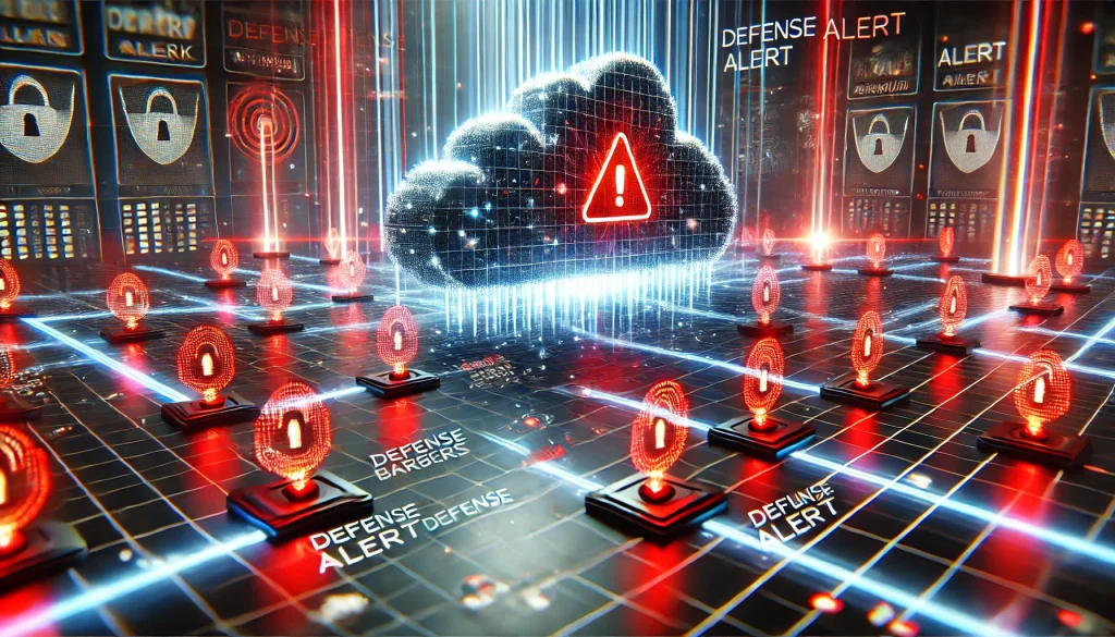 A complex cloud network grid under attack, defense barriers activating, red alert symbols flashing, strong directional lighting, pixelated data streams flowing