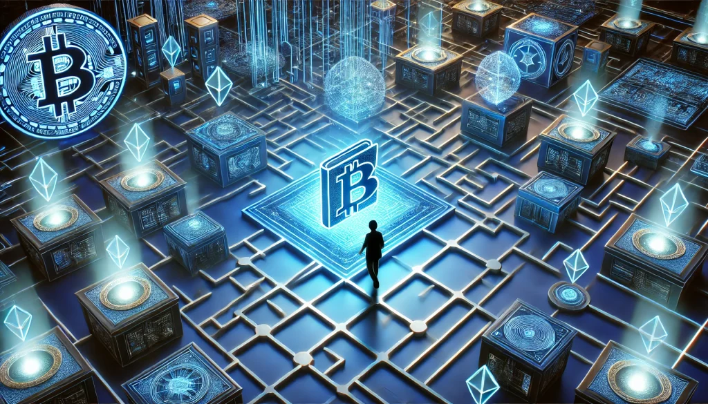 A person navigating a maze made of digital blockchain symbols, a glowing crypto wallet floating at the center, futuristic neon lighting, cyber landscape