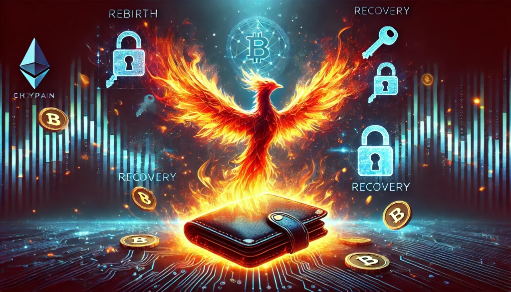 A digital phoenix rising from a burning crypto wallet, recovery keys floating around it, fiery colors mixing with cool blockchain code, high contrast