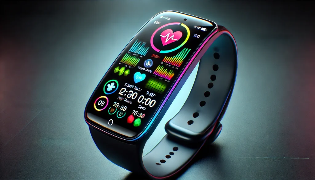 Product displaying health tracking features on a vibrant AMOLED screen.