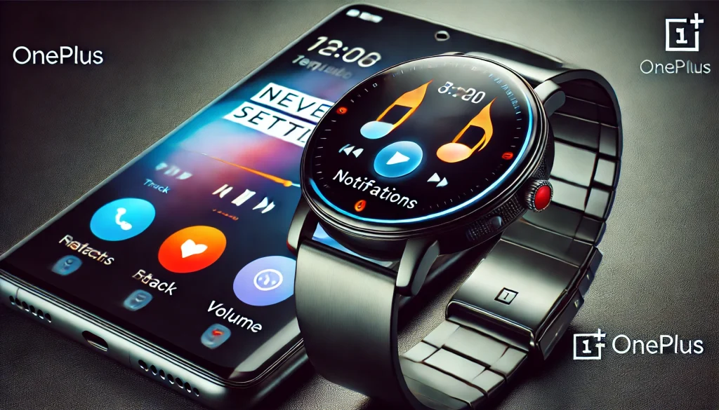 The smart watch showcasing its integration with a OnePlus smartphone, displaying notifications and music controls