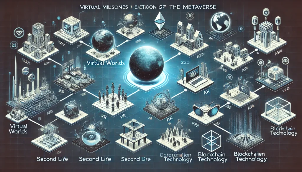 Key milestones in metaverse evolution from virtual worlds to blockchain.
