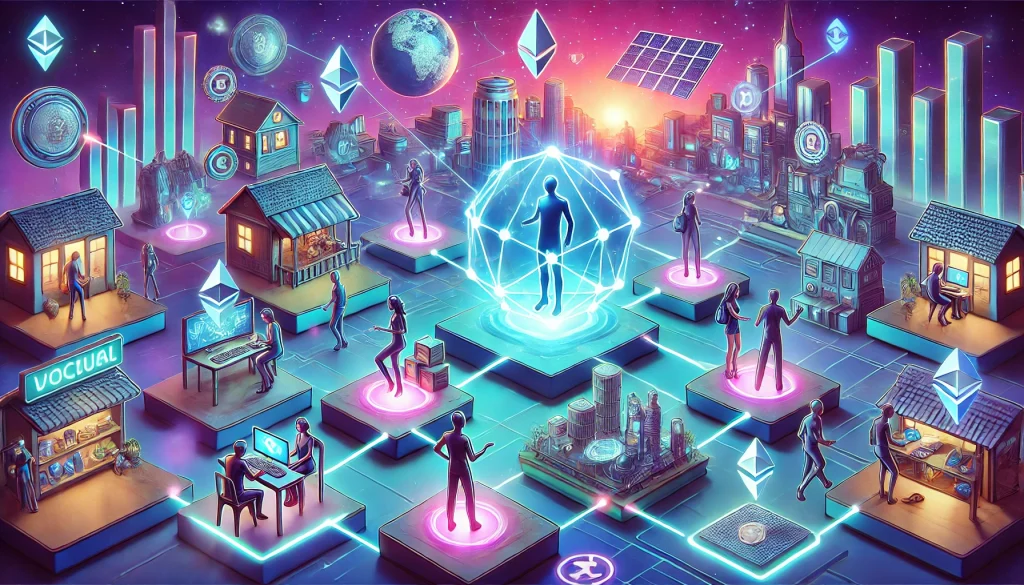 Illustration of digital assets, virtual real estate, and avatars interacting in an interconnected metaverse world