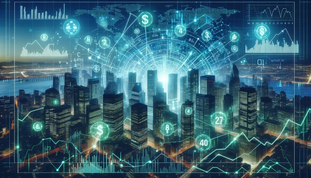 An intricate financial map overlaying a city skyline at night, glowing with numbers and graphs, hedging strategies highlighted in green, deep blue skies, neon effect