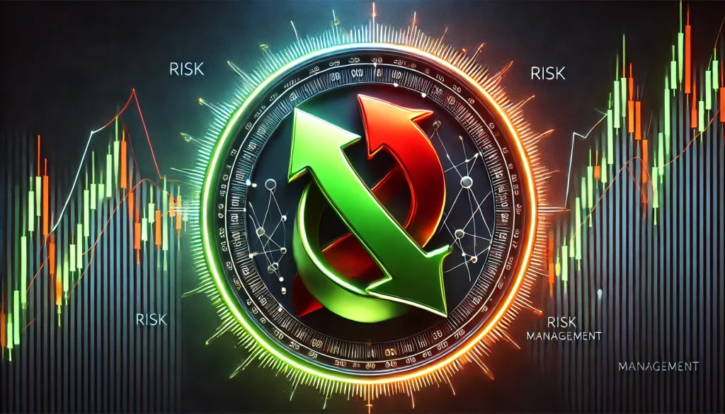 Two contrasting arrows, one green one red, intertwined in a glowing circular chart, symbolizing risk management and hedging, dark backdrop, dramatic shadows