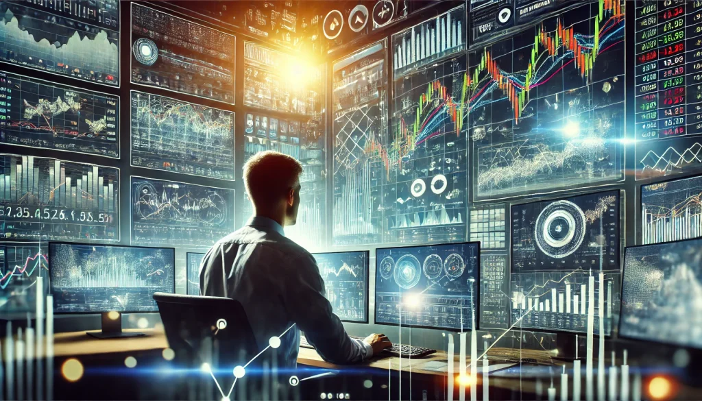 Stock market trader using a complex chart, arrows and numbers floating around, calm yet intense atmosphere, screens and monitors behind, vivid colors, sharp lighting