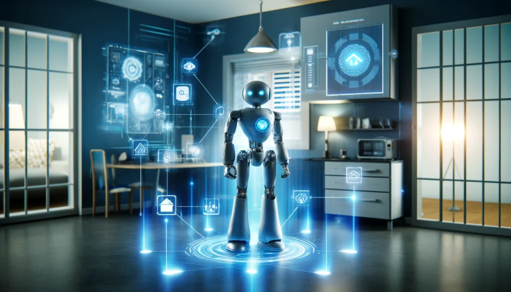 A futuristic robot interacting with IoT devices in a smart home, holographic interfaces surrounding the scene, blue glowing lights, minimalistic background