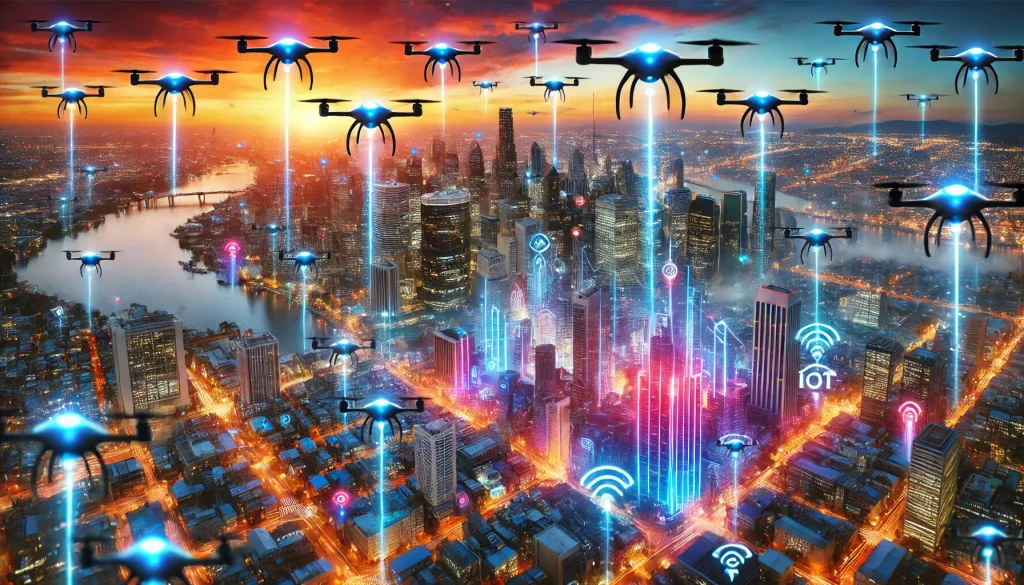 A swarm of tiny IoT drones flying above a smart city, vibrant tech lights below, skyscrapers with embedded sensors, sunset lighting on the horizon