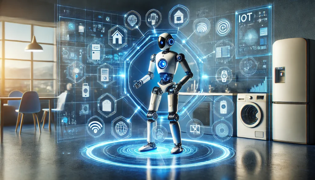 A futuristic robot interacting with IoT devices in a smart home, holographic interfaces surrounding the scene, blue glowing lights, minimalistic background