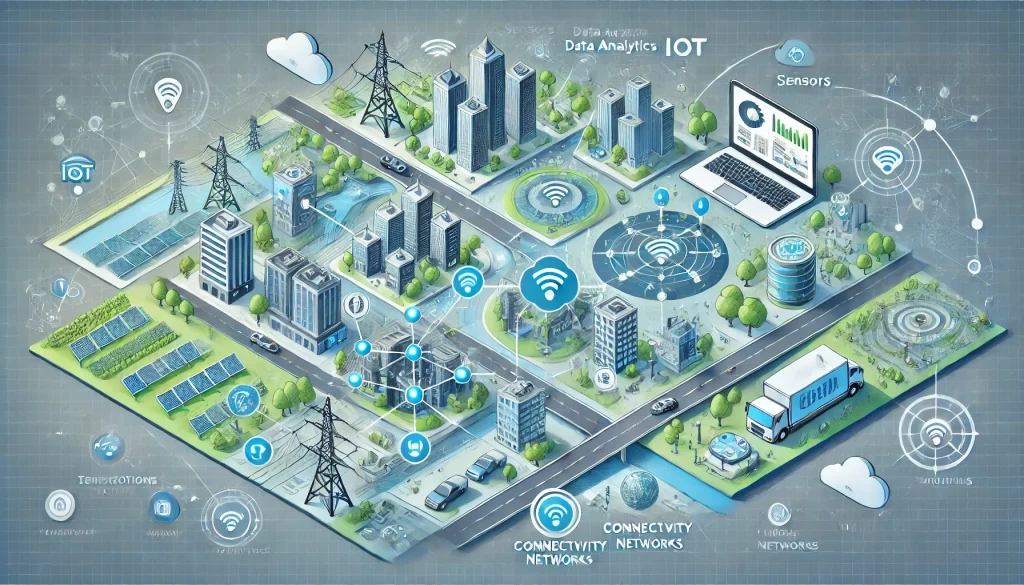 Key components like IoT sensors, data analytics, and connectivity networks managing urban services